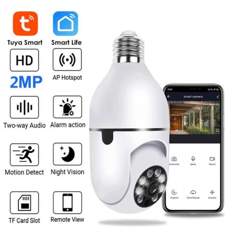 دوربین مداربسته تحت شبکه فضای بسته مدل V380 E27 بیسیم با لنز 2 مگاپیکسل، وضوح Full HD 1080، چرخش 360 درجه افقی و 90 درجه عمودی، دید در شب 20 متر و نصب آسان با سرپیچ لامپ برق شهری