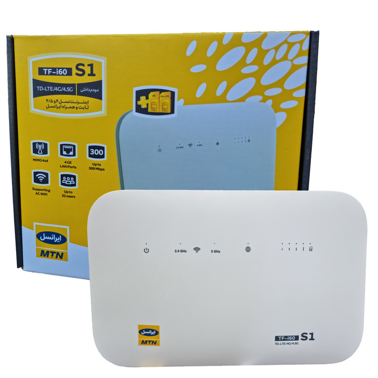 مودم 4G ایرانسل مدل TF-i60 S1 با پشتیبانی شبکههای 4G، 4.5G، TD-LTE و 3G، قابلیت اتصال همزمان 32 کاربر، پشتیبانی از 4 SSID مستقل و آنتن داخلی MIMO4x4